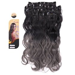 Creamily® Natural Black to Dark Grey 2-tone Ombre Color Wavy Clip in Hair Extensions 8 Pieces 18″ for a Full Head