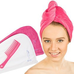 Hair Towel Wrap Turban (2 Pack Pink & White) and Wide Tooth Comb Detangler, Fast Dry Microfiber Twist for Wet Hair – Gift Idea