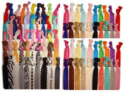 Kenz Laurenz 100 Hair Ties No Crease Ribbon Elastics Ouchless Ponytail Holders Hair Bands (100 Prints and Solids)