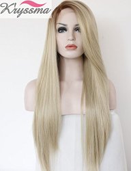 K’ryssma Christmas Ombre Heat Resistant Fashion Blonde Women Lace Front Wigs 2 Tones Straight Synthetic Hand Tied Fiber Hair