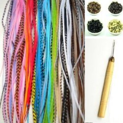 NEW 7″-11″ Feather Hair Extension Kit 10 Long Multi color Genuine Single Feathers + 10 Micro Beads & hook Tool (You will get mixed colors)
