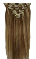 New Ok Buy 15″ Clip in Remy Human Hair Extensions 12/613# Light Brown with Bleach Blonde 7pcs 70g
