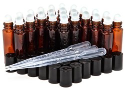 24 New, High Quality, Amber, 10 ml Glass Roll On Bottles with 3 – 3 ml Dropper’s