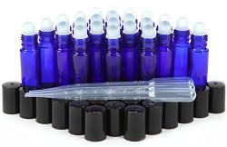 24 New, High Quality, Cobalt Blue, 10 ml Glass Roll On Bottles with 3 – 3 ml Dropper’s