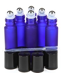 6 New, High Quality, Frosted, Cobalt Blue, 10 ml Glass Roll-on Bottles with Stainless Steel Roller Balls – .5 ml Dropper Included