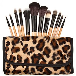 ElenaMM(TM)12 Pcs Professional Natural Wooden Handle Cosmetic Make Up Makeup Powder Brush Brushes Set Leopard Case