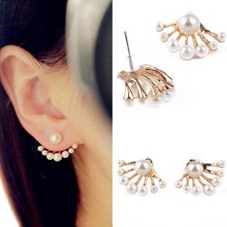 Hittime 1Pair Women Lovely Crystal Earrings Pearl Ear Stud Front and Back Earbob