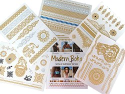 Modern Boho 5 Sheets Metallic Tattoos, Gold/Silver Flash, Namaste Collection