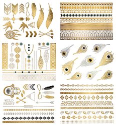 Premium Metallic Tattoos – 75+ Shimmer Designs in Gold, Silver, Black & Turquoise – Temporary Fake Jewelry Tattoos – Bracelets, Feathers, Wrist & Arm Bands, & More (Delila)