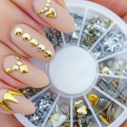 Professional High Quality Manicure 3D Nail Art Decorations Wheel With Gold And Silver Metal Studs In 12 Different Shapes By VAGA®