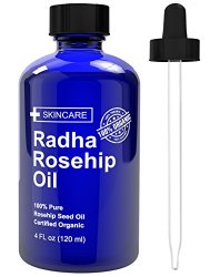 Radha Beauty Rosehip Oil – 100% Pure Cold Pressed Certified Organic 4 fl. oz. – BEST moisturizer to heal Dry Skin & Fine Lines – Virgin Rose Hip Seed Oil For Face and Skin