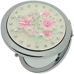 Butterfly & Flower Compact Mirror ‘Sophia’ Silver Plated Round Mirror Set With Crystals SC889