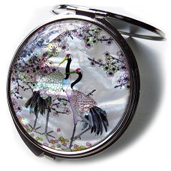 Compact Makeup Mirror Cosmetic Korean Mother of Pearl Lacquered Apricot Tree & Crane White