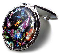 Compact Makeup Mirror Cosmetic Korean Mother of Pearl Lacquered Butterflies Black A