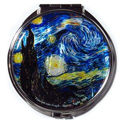 Compact Makeup Mirror Cosmetic Korean Mother of Pearl Lacquered Vincent Van Gogh The Starry Night Blue