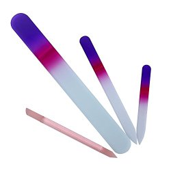 Czech Glass Nail File – 3 Piece Nail Kit + Nail Stick – Large Pedicure Glass File, Medium & Small Nail Boards With Case – Purple and Magenta – Bona Fide Beauty