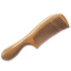 Green Sandalwood Wooden Hair Comb Thick Round Handle Fine-Tooth