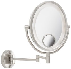 Jerdon HL9515N 8-Inch Lighted Wall Mount Oval Makeup Mirror with 10x and 15x Magnification, Nickel Finish