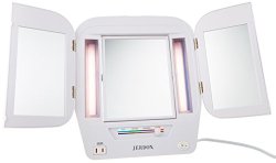 Jerdon JGL10W Euro Tri-Fold Lighted Mirror with 5x Magnification, 4-Light Settings, White Finish