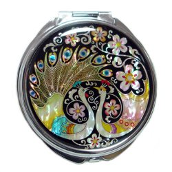 Mother of Pearl Peacock Pair and Flower Design Double Compact Magnifying Purse Mirror, 3.2 Ounce