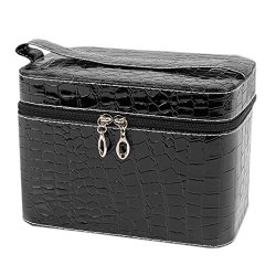 PU Leather Stone Pattern Cosmetic Makeup Box Case Suitcase Toiletry Organizer Storage Handbag Black