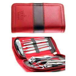 PUEEN All In One 11pc Stainless Steel Manicure & Pedicure Kit, Travel & Grooming Set, Personal Care Tools in Red Vegan Leather Case – Introduction price!-BH000186