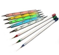 Sable Nail Art Brushes Pen, Detailer Liner and Striper Set of 3 Plus 5 x 2 Way Marbleizing Dotting Pen with Bonus Rhinestones and Fimo Fruit and/or Flower Slices