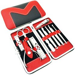 WoneNice Stainless Steel Nail Care Personal Manicure & Pedicure Set, Leather Travel & Grooming Kit, Tool Clipper-Black&Red–Clippers Set 10 in 1