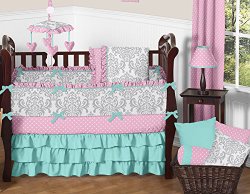 Boutique Skylar Turquoise Blue Pink Polka Dot and Gray Damask Girls Baby Bedding 9 Piece Crib Set