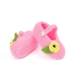 FuzzyGreen® Cute Tiny Flower with Leaf Baby Newborn Infant Girl Boy Hand Knitting Crochet Pre Walker Toddler Buckle Shoes Socks Booties(Pink)