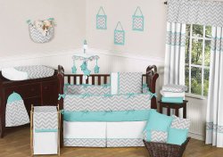 Gray and Turquoise Chevron Zig Zag Gender Neutral Baby Bedding 9 pc Boy or Girl Crib Set