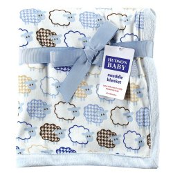 Hudson Baby Sheep Printed Blanket with Plush Backing, Blue (Discontinued by Manufacturer)