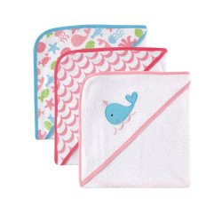 Luvable Friends Hooded Towels, Pink Whale, 3 Count
