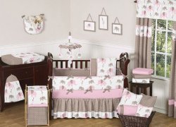 Modern Pink and Brown Mod Elephant Baby Girl Bedding 9pc Crib Set