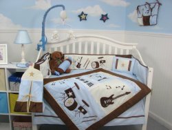 SoHo Blue and Brown Rock Band Baby Crib Nursery Bedding Set 13 pcs included Diaper Bag with Changing Pad & Bottle Case