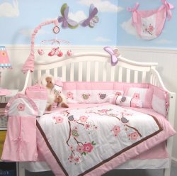 SoHo Love Birds Story Baby Crib Nursery Bedding Set 13 pcs included Diaper Bag with Changing Pad & Bottle Case