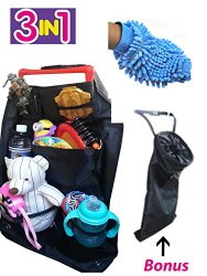 3 in 1 Bundle – Car Travel Toy Organizer Back / Front Seat For Parents & Kids – Multi Pocket Large Size Auto Organizer – Premium Scratch Free Wash Mitt & Car Trash Bag By Cool Besty