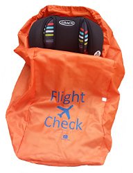 Alnoor USA Car Seat Travel Bag and Carrier for Gate Check with Travel Pouch – Bright Orange with Blue Letters for Airport, Airplane Gate Check, Car Trips, and Storage
