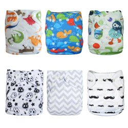 Alva Baby 6pcs Pack Pocket Washable Adjustable Cloth Diaper with 2 Inserts Each 6DM08