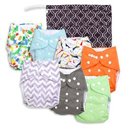 Baby Cloth Pocket or Cover Diapers (7 Pack) with 7 Bamboo Inserts and 1 Wet Bag in Modern Patterns for Boy or Girl by Nora’s Nursery