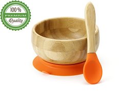 Baby Toddler Bamboo Spill Proof Stay Put Suction Bowl. Bye Bye Plastic + FREE Spoon Soft Tip Teether NO-BPA Silicone + BONUS E-BOOK. Great baby gift set. Lifetime Guarantee (Orange)