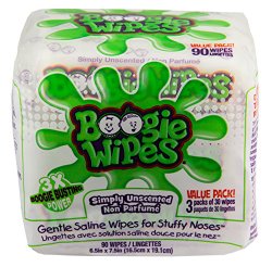 Boogie Wipes Natural Saline Kids and Baby Nose Wipes for Cold and Flu, Unscented, 90 Count