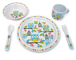 Culina Kids Plate and Bowl Melamine Dinnerware – Owl. Set of 5