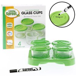 Glass Baby Food Jars (4 – 2oz) – Microwavable, Freezer and Dishwasher Safe with Tray and Recordable Marker