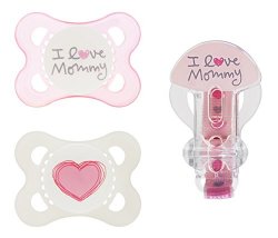 MAM Love and Affection Mommy Silicone Pacifier with Clip, Pink, 0-6 Months, 2-Count