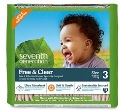 Seventh Generation Free and Clear, Unbleached Baby Diapers, Size 3, 155 Count, Packaging May Vary
