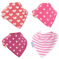 Zippy Fun Baby and Toddler Bandana Bib – Absorbent 100% Cotton Front Drool Bibs with Adjustable Snaps (4 Pack Gift Set) Girls Dandy Patterns