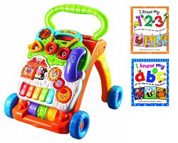 VTech Sit-to-Stand Baby Learning Activity Walker + I Know My ABCs Foil Flaps Book + I Know My 123s Foil Flaps Book Bundle