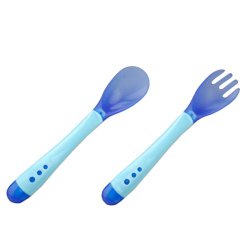 2 PCS Infant Safety Change Color Baby Feeding Spoons Blue Fork