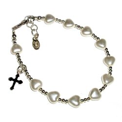 Children’s Sterling Silver First Communion Rosary Bracelet for Girls with Hearts (6-12 years)